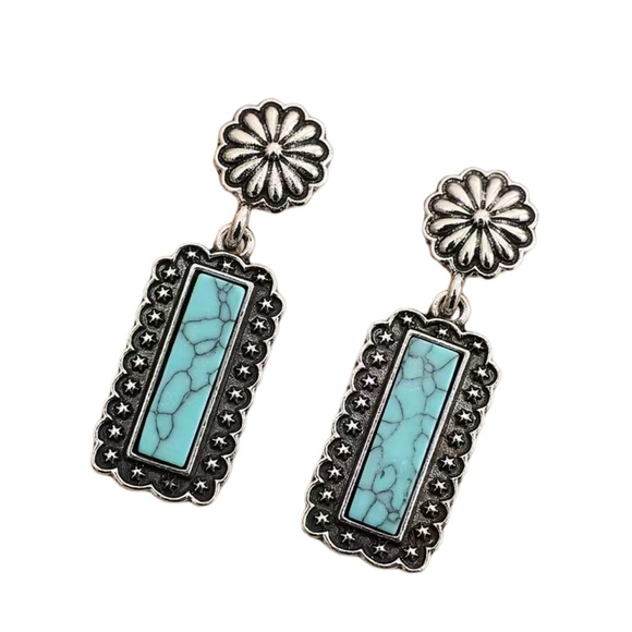 Vintage Boho Silver and Turquoise Bar Drop Earrings - Picture 4 of 5